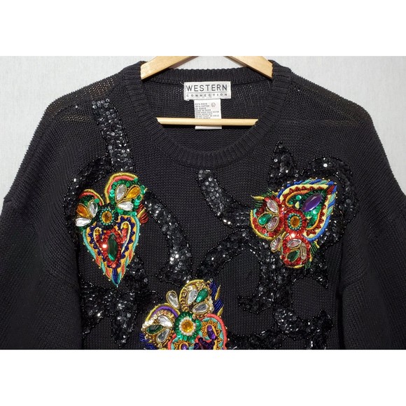 Vintage 90s Sweater Faux Gemstone Beaded Sequin Pullover Crewneck Sweater - L - Picture 2 of 6